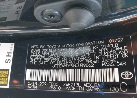 2022 Toyota Corolla Hybrid Le from USA, damaged, VIN JTDEAMDE9NJ049862